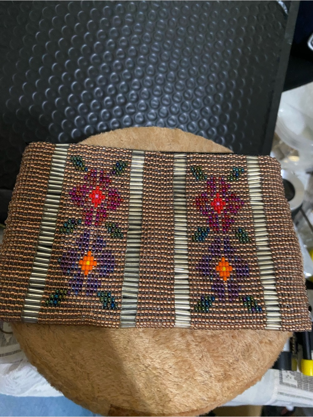 Beaded Floral Clutch in Bronze and Multicolor